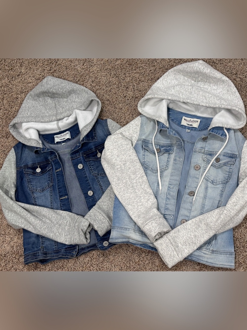 TWO Wallflower Juniors/Women's Dual Wash Denim Hooded Jackets with Gray Sleeves